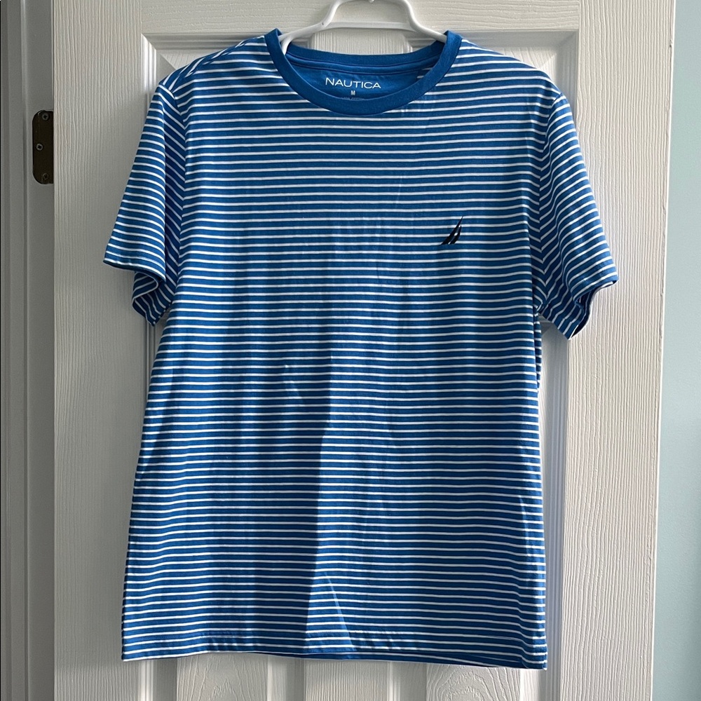 Nautica Men's Short Sleeve Blue and White Striped Tee
